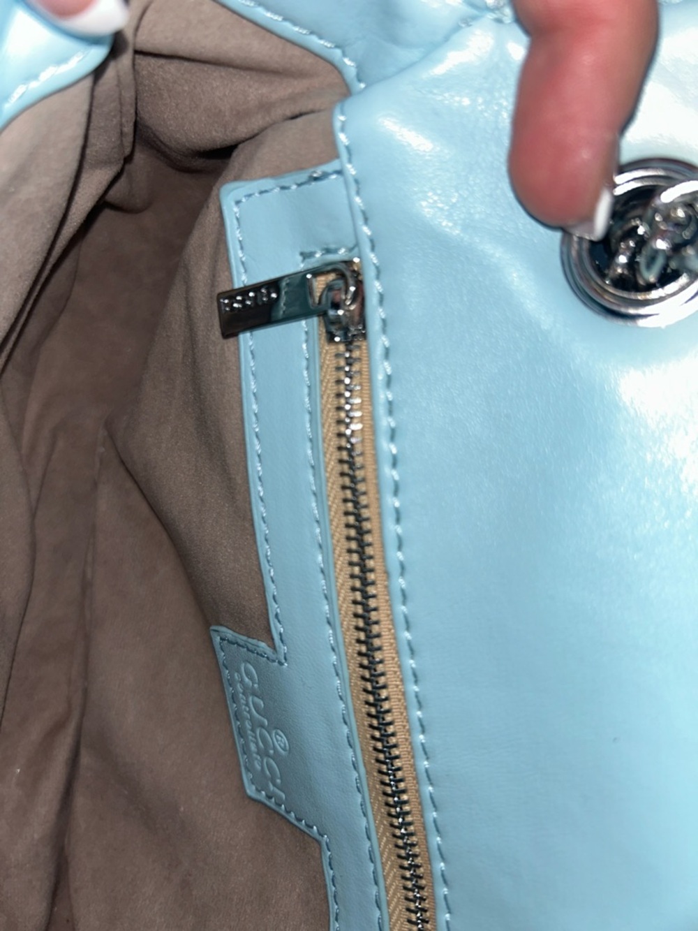 Light Blue Chevron Quilted Shoulder Bag with Silver Hardware and Dust Bag - Picture 10 of 13